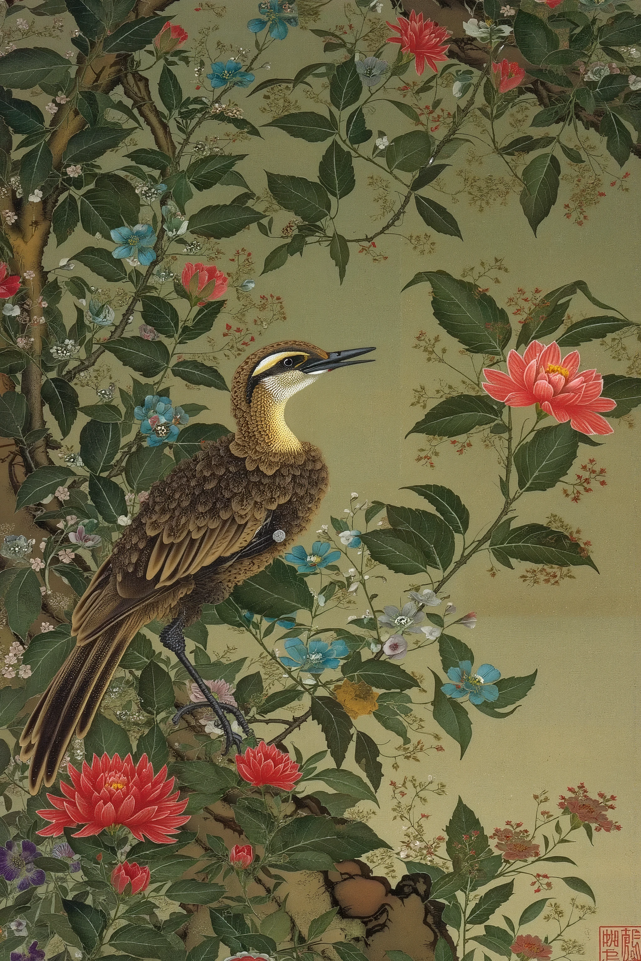 ito jakuchu,nihonga,flowers,bird,branch,tree,plants,summer,colorful,vivid color