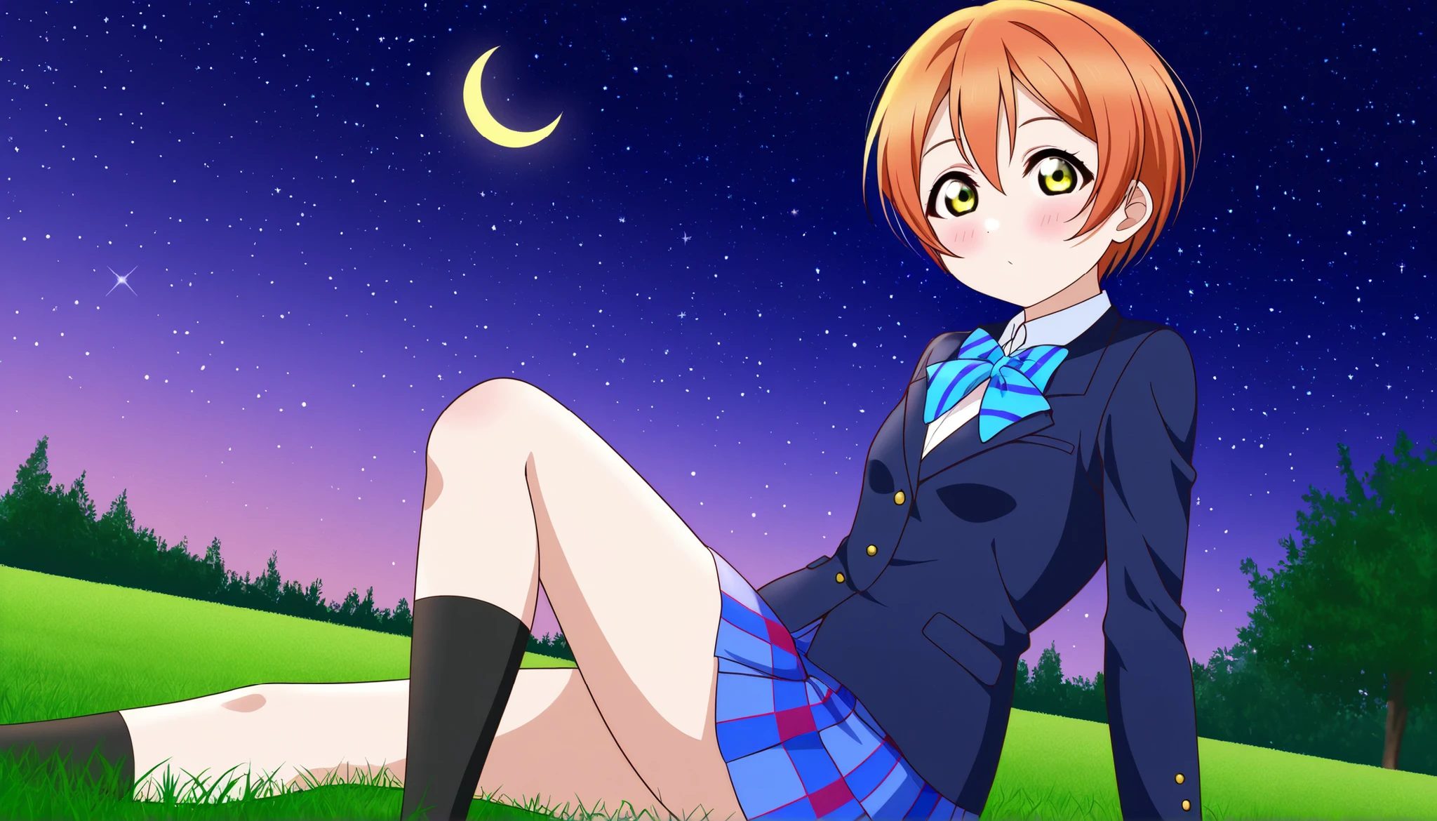 1girl, hoshizora rin, striped, short hair, blush, otonokizaka school uniform, lovelive_rin black blazer, blue plaid skirt, blue stripe bowtie, orange hair, very short hair, hair between eyes, yellow green eyes,knee up,crescent moon, stars (sky),looking at viewer,outdoors, sky,grass,tree,