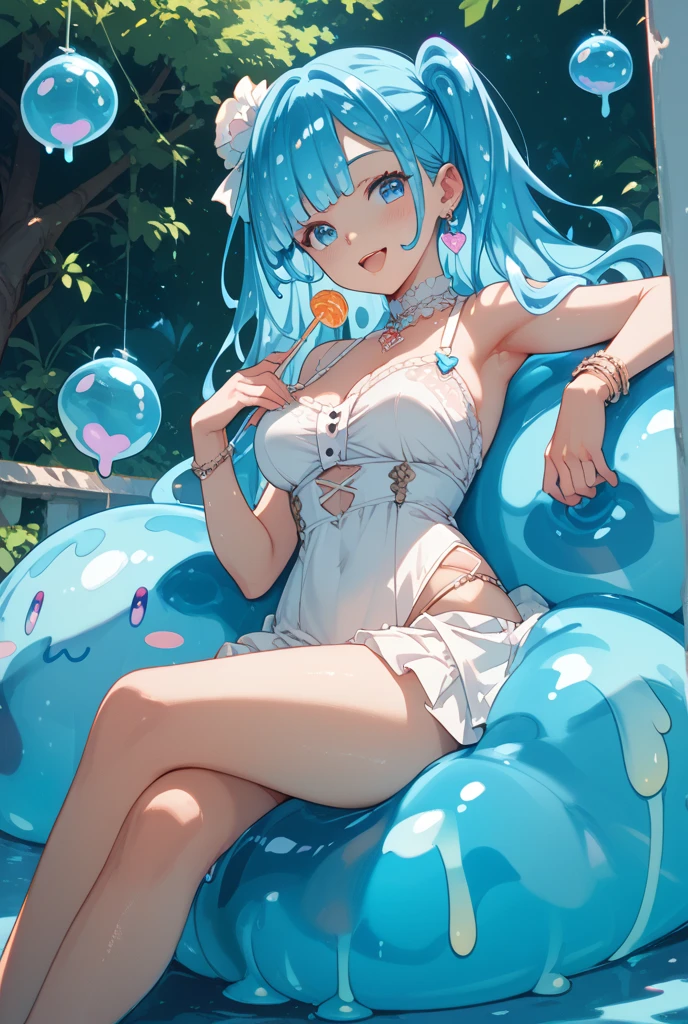 1girl, long turquoise hair, twintails, (detailed turquoise eyes), turquoise clothes, bathing in slime, masterpiece, high resolution, best quality, (anime art)