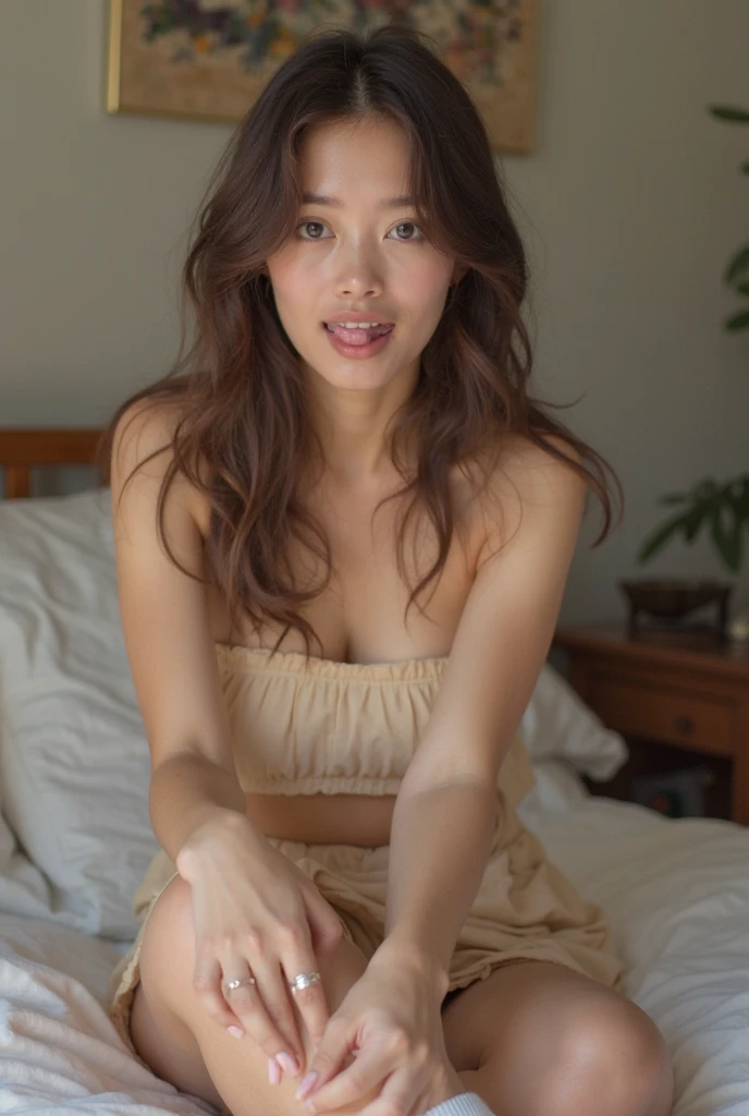 ((masterpiece, highest quality, Highest image quality, High resolution, photorealistic, Raw photo, 8K, not smiling, female masturbation, large thighs, petite)) ((not smiling)) ((naked)) ((40 years old, resting, deckchair, sunbath, lying on her back, fully lying down, resting, sleeping, eyes closed, seen from above, top shot)), embarassed, shy, very shy, blushing, sweating, Mature japanese woman, (Rides aux coins des yeux:1.2), camel toe