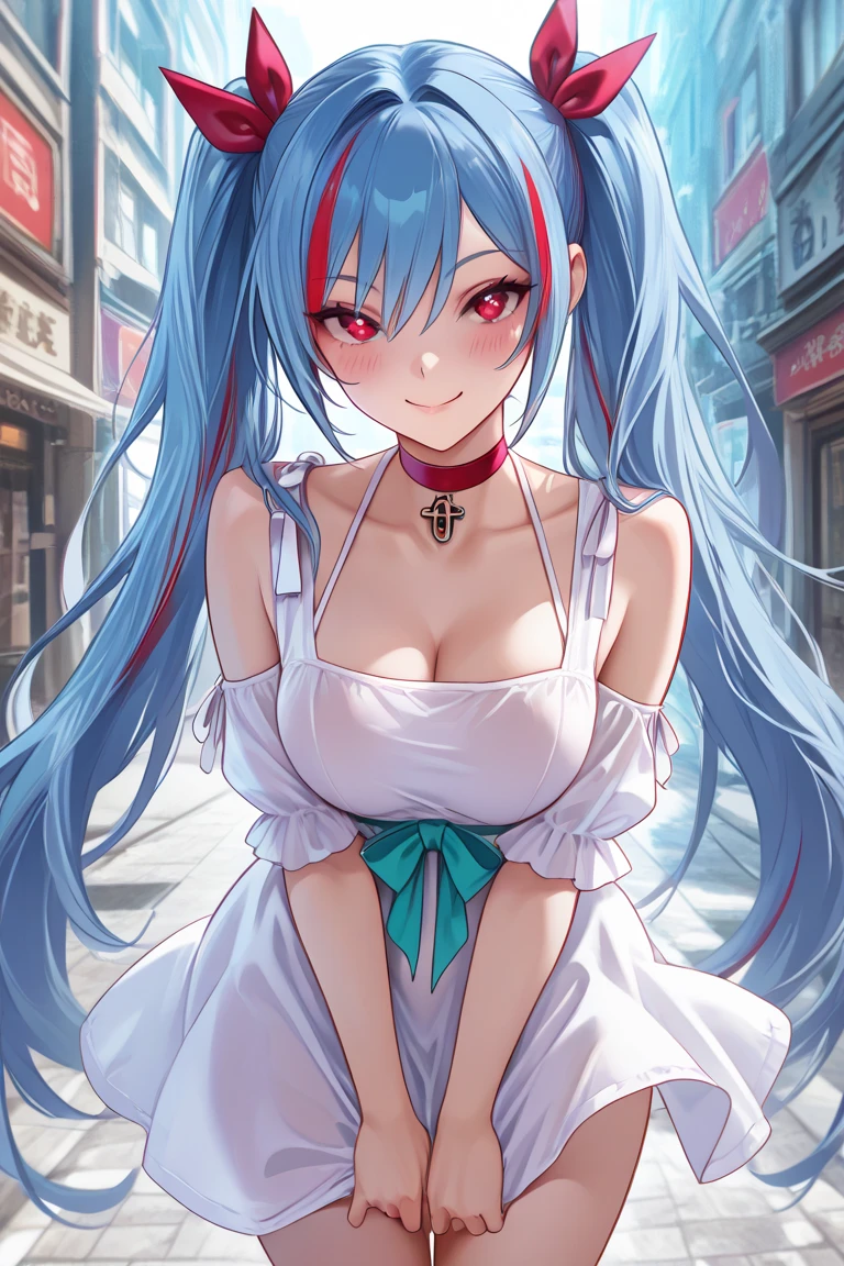 shimakaze、Beautiful body、Beautiful constriction、(Squatting、Open your crotch)、(underboob),red and white tights,white color hair,Long twin hair,Stockings,,(erotic-expression),Beautiful face with armpit leakage,Surrounded by photographers at a photo session,beautiful face wearing high heels、mini skirt blue、Lower breast、A smile、