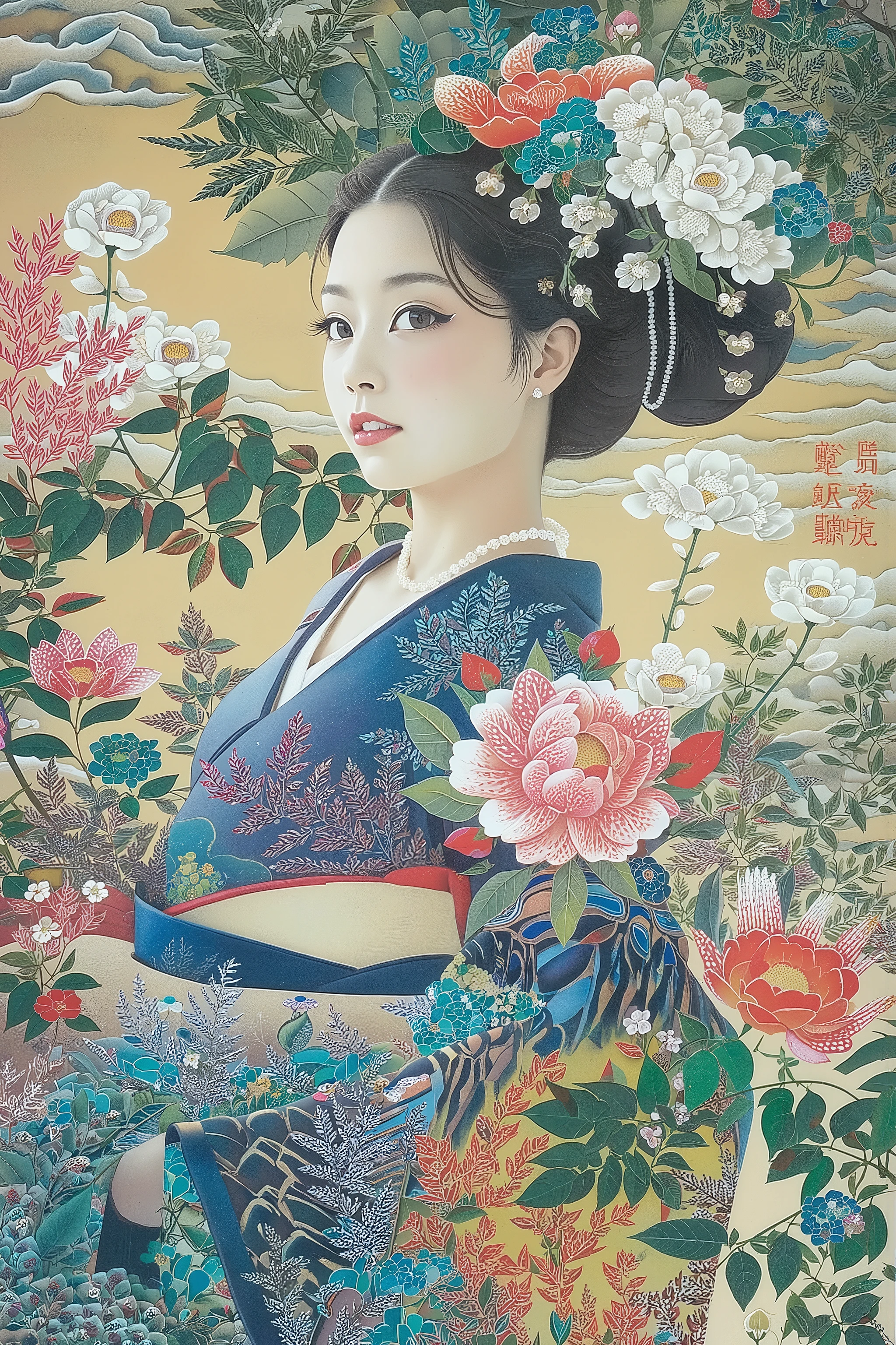 ito jakuchu,nihonga,1 woman,wearing kimono,colorful,vivid color