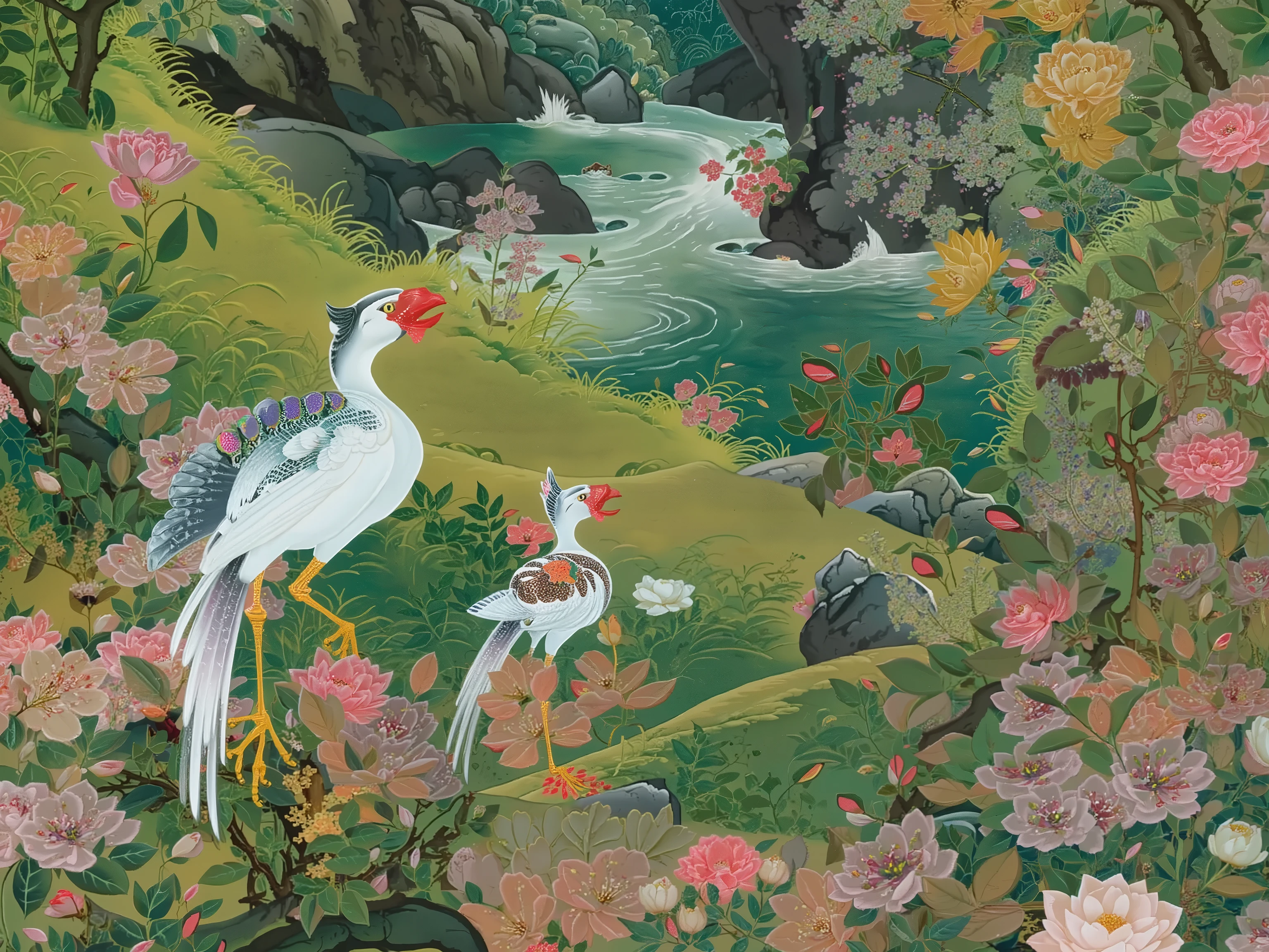 wide shot,landscape,ito jakuchu,nihonga,flowers,bird,branch,tree,plants,river,colorful,vivid color