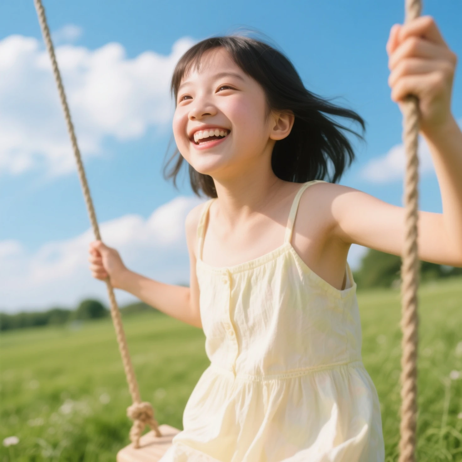 masterpiece, extra limbs, 1girl,8years old, black straight hair, tareme brown eyes, (((delighted))), white sundress,spread arms,standing, playground equipment,high angle