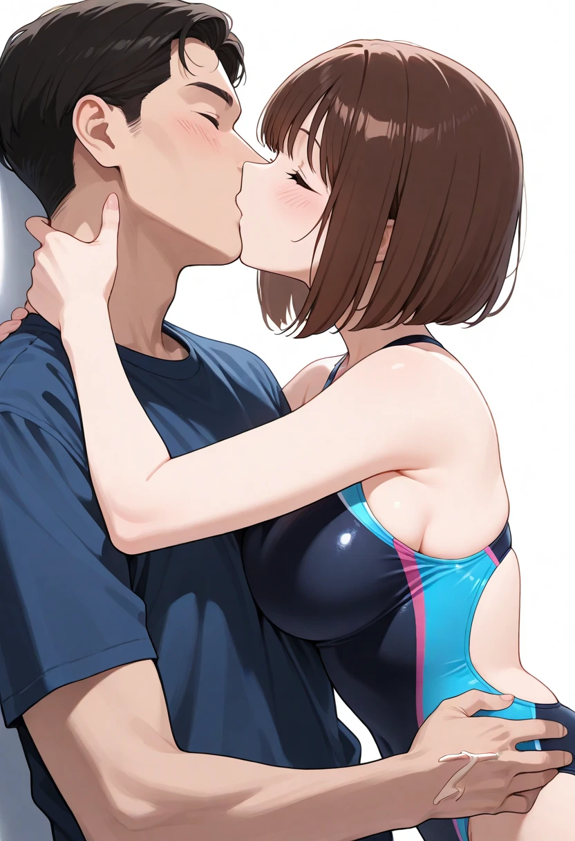 masterpiece, highest quality, High resolution, 1girl, 1boy, the man have a large penis, hetero, sex, sexual intercourse, Pornographic images, short hair, etsukoto, brown Eyes, fine grain, fine grain, (((Thick thighs, Plump thighs, Voluptuous thighs, Thighs alone are enough))), Huge and ample breasts, Cleavage, big long breasts, Naughty big,((big breasts are important))、((Naughty thighs)), L Cup, (thin:1.4),(Tight waist:1.4), (completely nude:1.4), anguish, blush, looking at viewer, (((Simple Background))), ((Wide Hips)), Shiny, Oily skin, Mature mother, Calf, Seductive mature woman, milf, Perfect body, Plus Size Model, curvy, ample, etsukoto, blush, clavicle, retro artstyle, 1990s (style), (thick thighs:1.4), sex, bursting breast, ((nsfw)), (((hetero))), 1girl and 1boy, ((hug, kiss, upright straddle)) , vaginal sex, ((sex with naked man, the man is skinhead, middle age, fat man)), vaginal penis, from side,