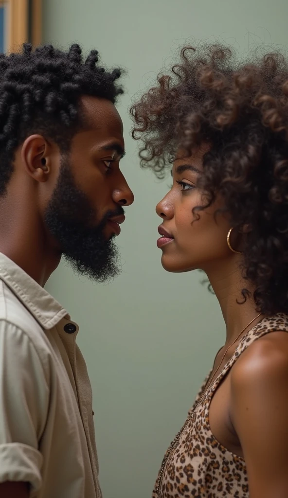 A full body shot photo of a white man in love with an Ethiopian woman. Show a Nordic woman seething in the background gazing at the pair. Fill the photo full of stereotypes, highlighting female Ethiopian superiority over Nordic women.