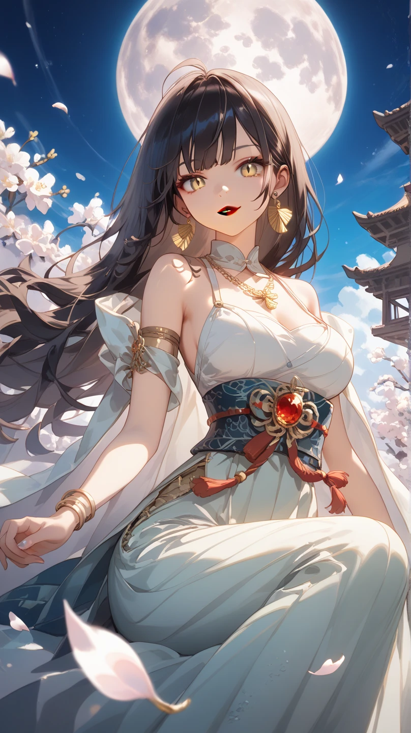 (tmasterpiece:1.2),Atdan, 1 plump girl, Alone, Branch, blooming flower, jewely, a skirt, ear nipple ring, that tree, through bangs, Long gray hair, hair adornments, view the viewer, Chinese clothes, black hair color hair, hairflower, Brown hair, of shoulders, Very long hair, Wide sleeves, longer sleeves,light pink eyes, Beautiful and unified eyes