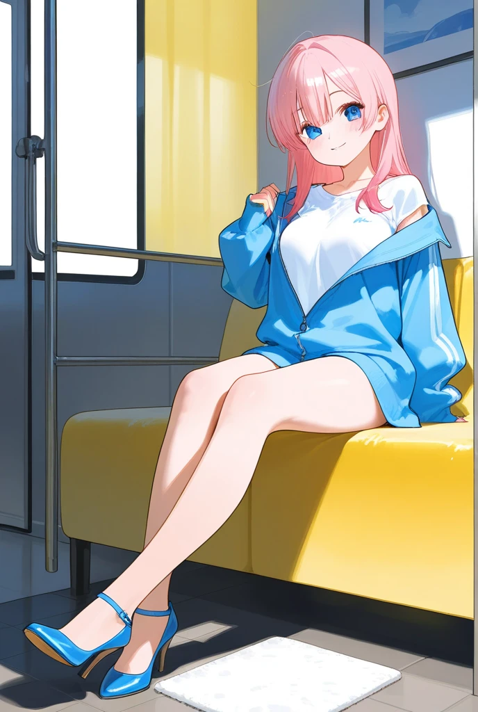 a japanese girl with smooth white skin, a slim body, small breasts, ocean blue eyes, and long coral pink hair wearing a white short sleeved shirt, a pink skirt, and pink thigh high leggings, sitting in a subway train, smile on her face