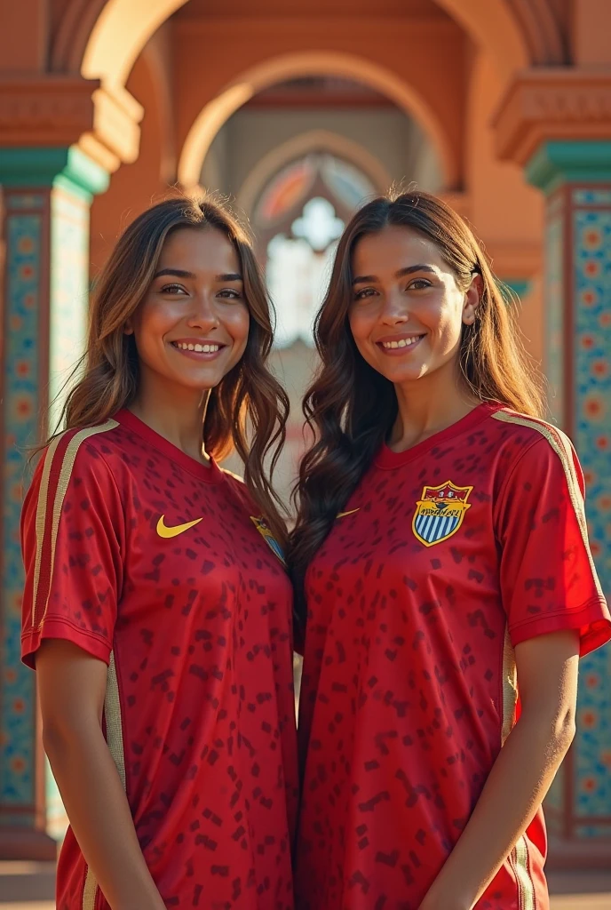 Minimalist image of a young lady with long light brown hair and a ager wearing the Colombia national team shirt ,the young lady with the name 'Marce' on her t-shirt and the teen with the name 'Dany' on her t-shirt , in a full stadium looking towards the field and with Colombian fans