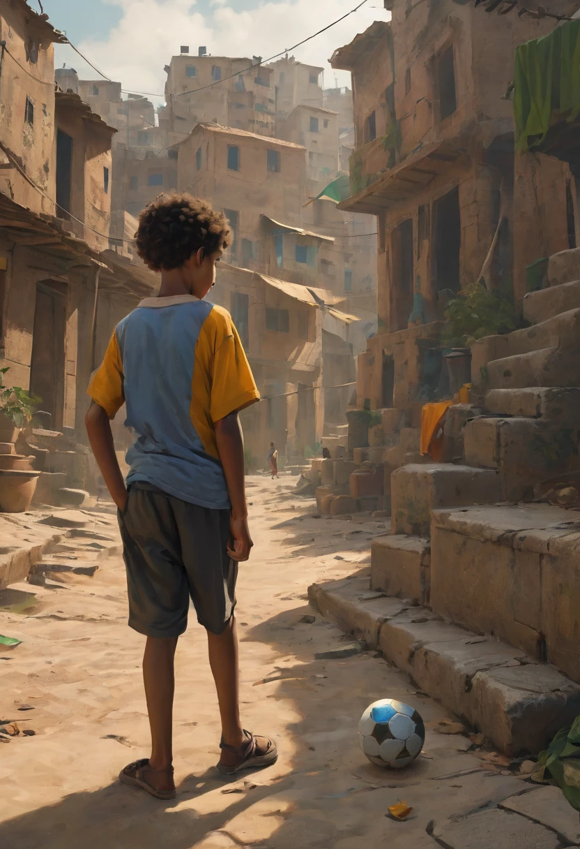 A poor egyptian boy in a favela in cairo drawn by Todd McFarlane and Greg Capullo, he is wearing old and torn clothes, he is playing with a soccer ball, favela in cairo in the background, robert downey jr reference, unreal engine, octane render, by Jacob Lawrence and Francis picabia, perfect composition, beautiful detailed intricate insanely detailed octane render trending on artstation, 8 k artistic photography, photorealistic concept art, soft natural volumetric cinematic perfect light, chiaroscuro, award - winning photograph, masterpiece, oil on canvas, raphael, caravaggio, greg rutkowski, beeple, beksinski, giger, nice perfect face with perfect face, the detail, highly detailed, realistic photo