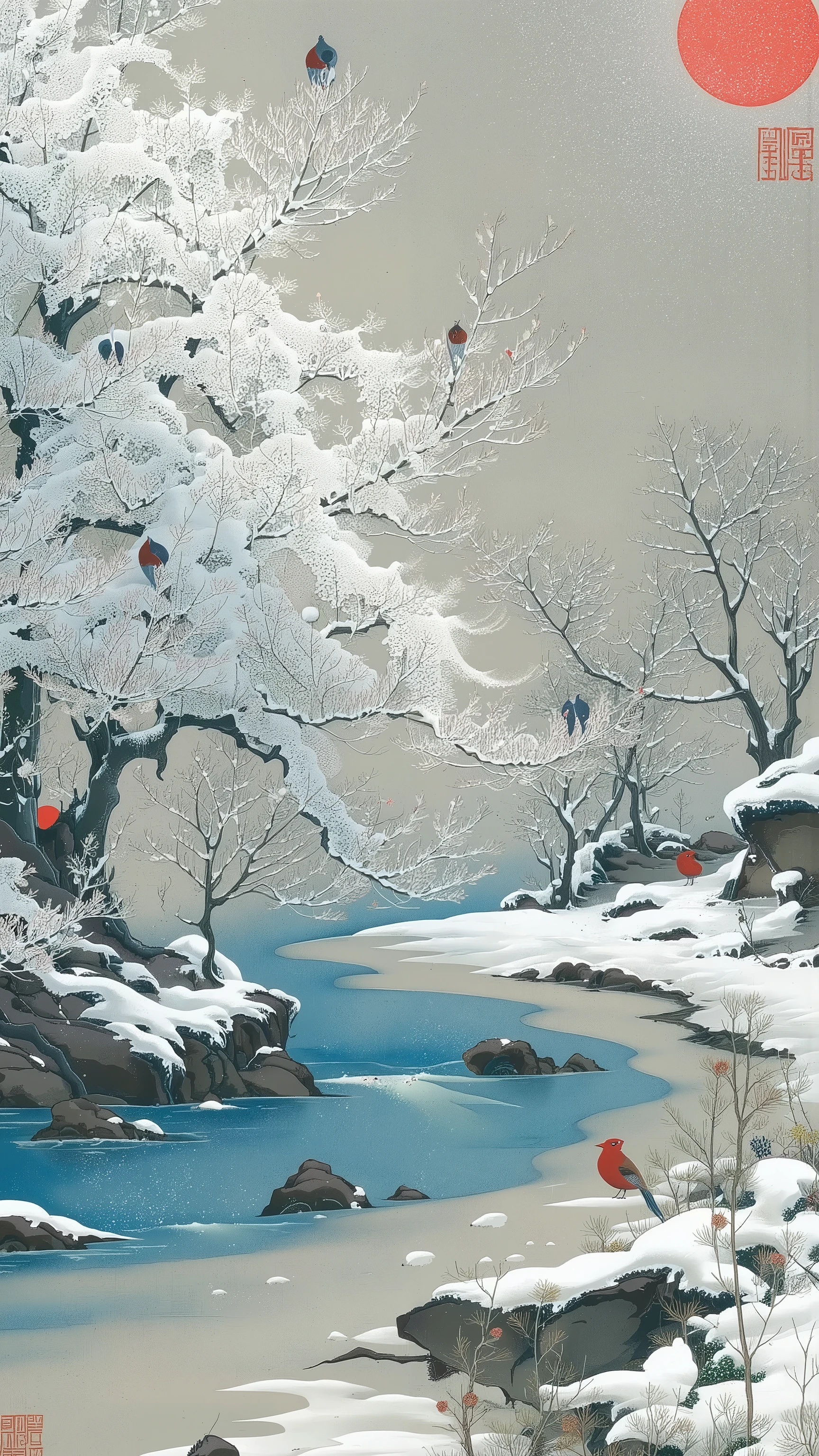 wide shot,landscape,ito jakuchu,nihonga,winter,snow,bird,branch,tree,river,colorful,vivid color