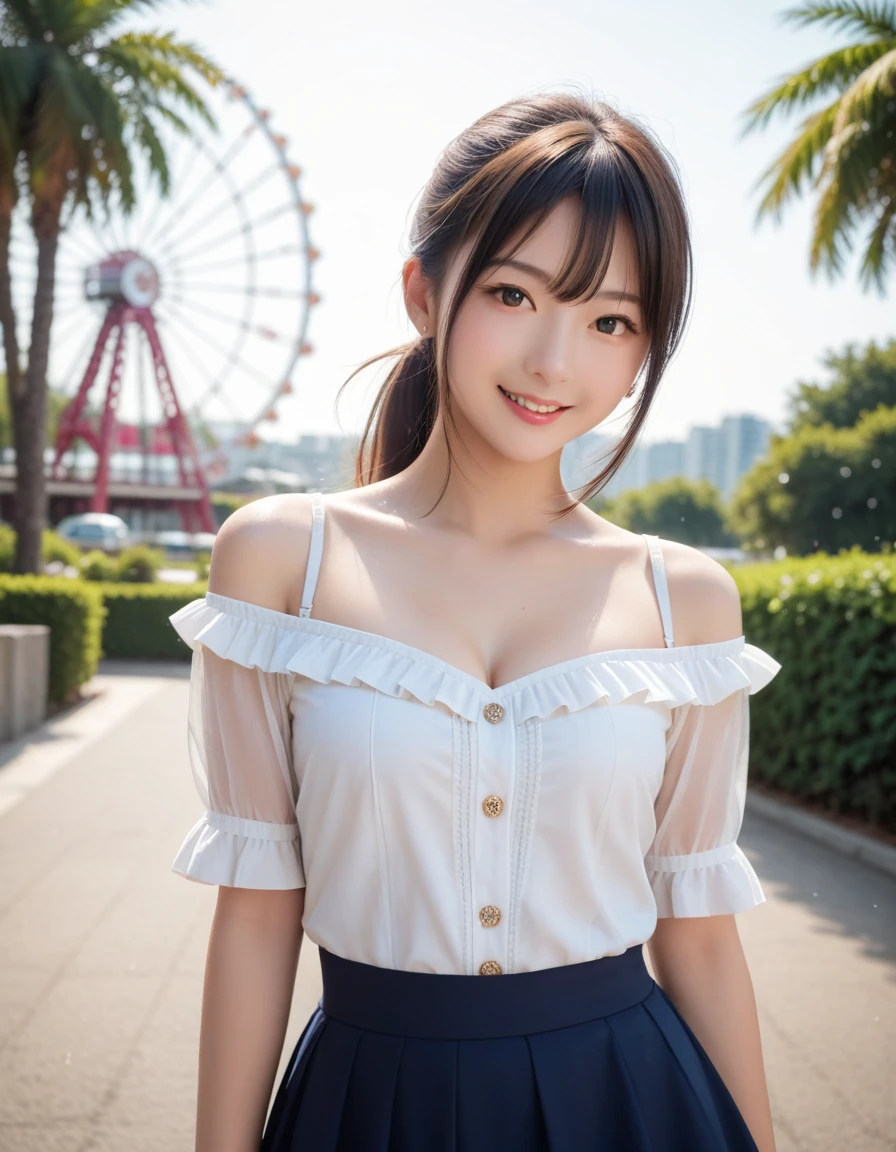 score_9, score_8, score_8up, score_7, Highest quality、masterpiece, solo、((Red checked tight blouse, mini skirt, uniform, Summer clothes)), Large Breasts, ((Layered Haircut)), Slim body, Slim face(8k,Highest quality),Full Body Shot,Shot from medium distances,School, Daytime,Full body photo、 adorable, smile, Long brown hair, 32K, masterpiece, Best image quality,Ultra-high resolution,Perfect hands,Black choker、Almond Eye、bangs、Very thick and long eyelashes, ((Big Breasts)), blue sky, Academy