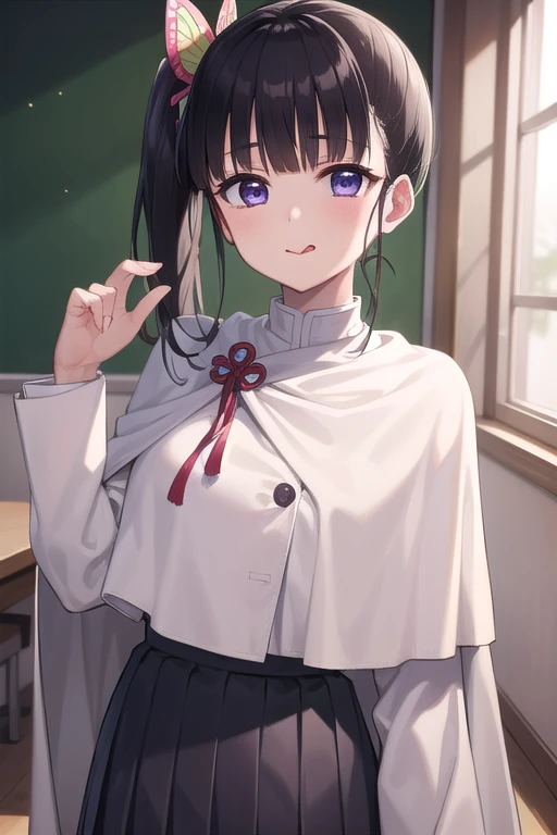 Kanaotsu Yuri, Kanao Tsuyuri, Black hair, butterfly, butterfly hair ornament, (Purple eyes:1.1), Side Ponytail, Ponytail, 
Blake Black Skirt, Cape, demon slayer uniform, Long sleeves, Pleated skirt, Skirt, white cape,
BREAK looking at viewer,
Break indoors, crass room,
BREAK (masutepiece:1.2), Best Quality, High resolution, Unity 8k壁纸, (Illustration:0.8), (Beautiful detailed eyes:1.6), extra detailed face, Perfect Lighting, extremely details CG, (Perfect hands, Perfect Anatomy),skirt lift,  ,(((White underwear with decorations))), disdain, contemptuous,