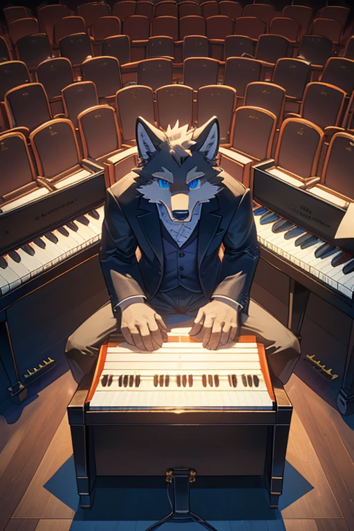 (high resolution,Masterpiece:1.2),boy,infancy,(Detailed anatomy,Correct anatomy:1.1),solo,Orange fur,Fox Boy,young boy,smile,simple background,performance,on the stage,(Furry:1.8),formal clothing,white gloves,playing piano,rapt.