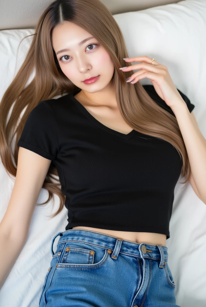 ((High-resolution images, masterpiece, Atmospheric perspective, 8K, Very detailed, Accurate, Highest quality, Single Shot)), (((Cute western woman masturbating))), (Casual Style), Jacket, Unbuttoned shirt, Swollen areola, (Round face, Realistic eye size, Droopy eyes, blush, smile), (((Stand and spread your legs, ))), (Bedroom,On the bed, At night), Blonde braids, Small earrings, Thin Necklace, (light makeup),