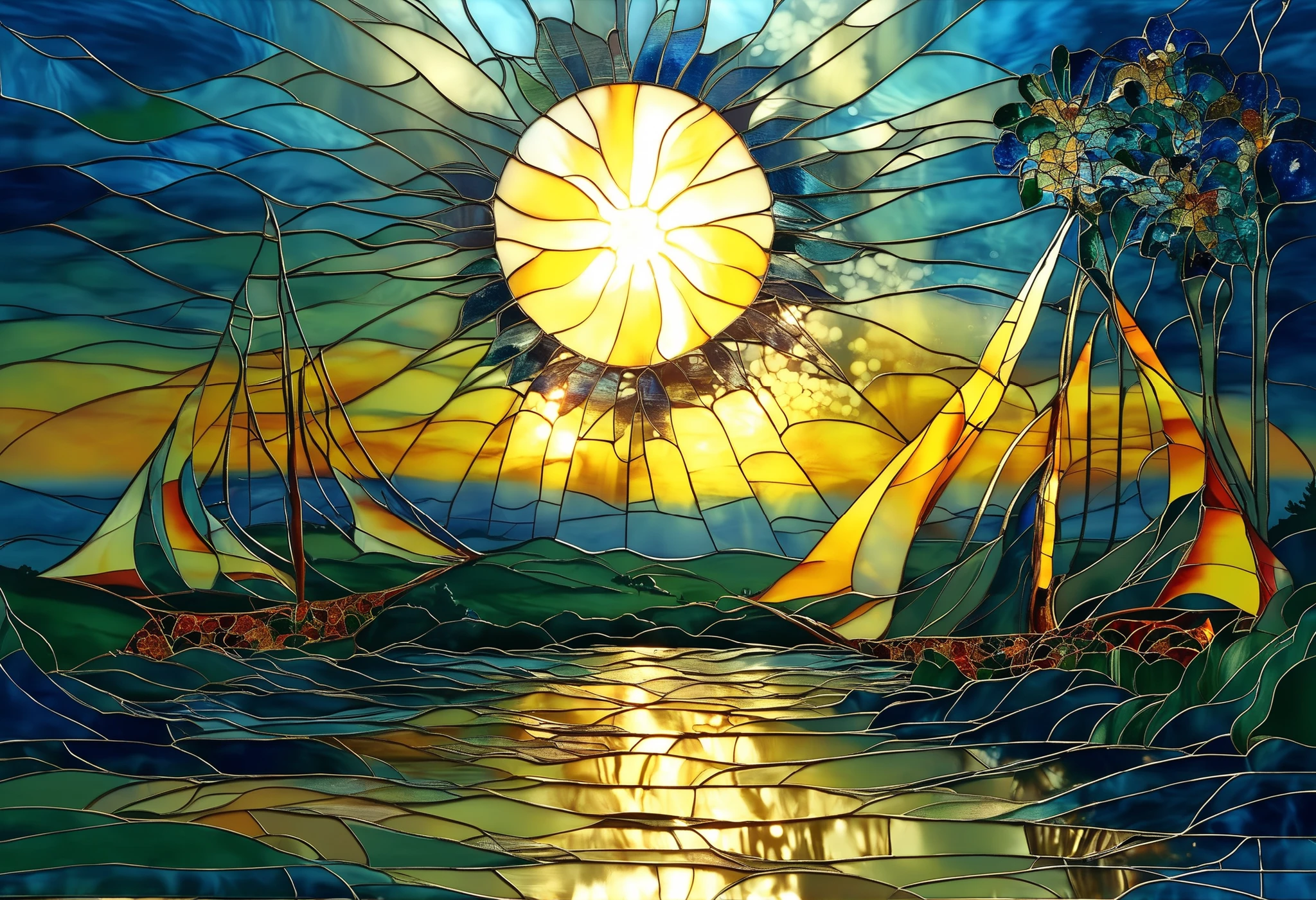 A vibrant and dynamic scene of fireworks illuminates the night sky. Dominating the composition, large bursts of fiery orange and yellow firework explosions contrast starkly against the deep blues and teals of the sky, creating an eye-catching spectacle. The fireworks cast their glow upon a river below, with their vibrant reflections rippling in the water's surface. A sturdy bridge, bathed in the warmth of amber streetlights, spans across the river, creating a picturesque focal point connecting either side of the scene. The bridge's structure is depicted with elegant, sweeping lines suggestive of stained glass, enhancing the illustration's artistic style. In the background, silhouettes of rolling hills anchor the composition, adding depth to the image. The overall mood is festive and celebratory, encapsulating a moment of joy and wonder with an artistic flair that resembles a luminous stained glass window.