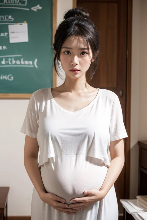 ((Best quality, 8k, 4k, hospital, sfw, Masterpiece :1.3)), 1girl, Pretty young mom with big belly :1.3, (Medium-short hair, huge breasts, fat curvy body :1.2), sweaty :1.1, Ultra-detailed face, Detailed eyes, Double eyelid, palm skin, hyper pregnant, blue doctor uniform, (detailed doctor uniform, detailed skin, detailed face, high resolution, masterpiece, perfect lighting), bloom, cinematic lighting, perfect skin, female, looking at viewer, cowboy shot, (RSEEmma:1.5), (CWT, round eyeglass, thick eyebrows, parted bangs, freckles), angry face