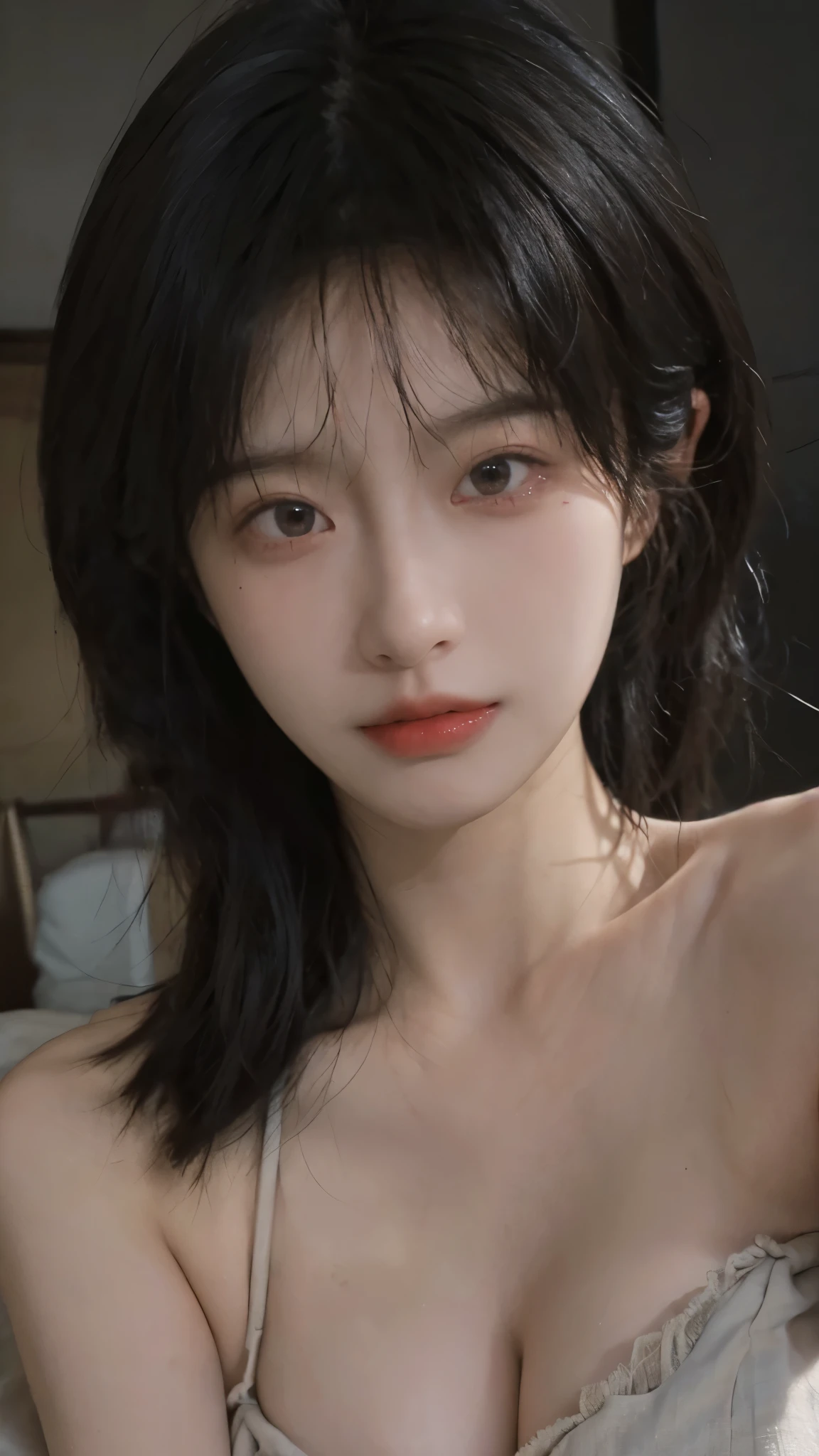 8K, Best Quality, Masterpiece, Ultra High Resolution, (Realism: 1.4), Original Photo, (Realistic Skin Texture: 1.3), (Film Grain: 1.3), (Selfie Angle), 1 Girl, Beautiful Eyes and Face Details, Masterpiece, Best Quality, Close-up, Upper Body, Looking at the Viewer