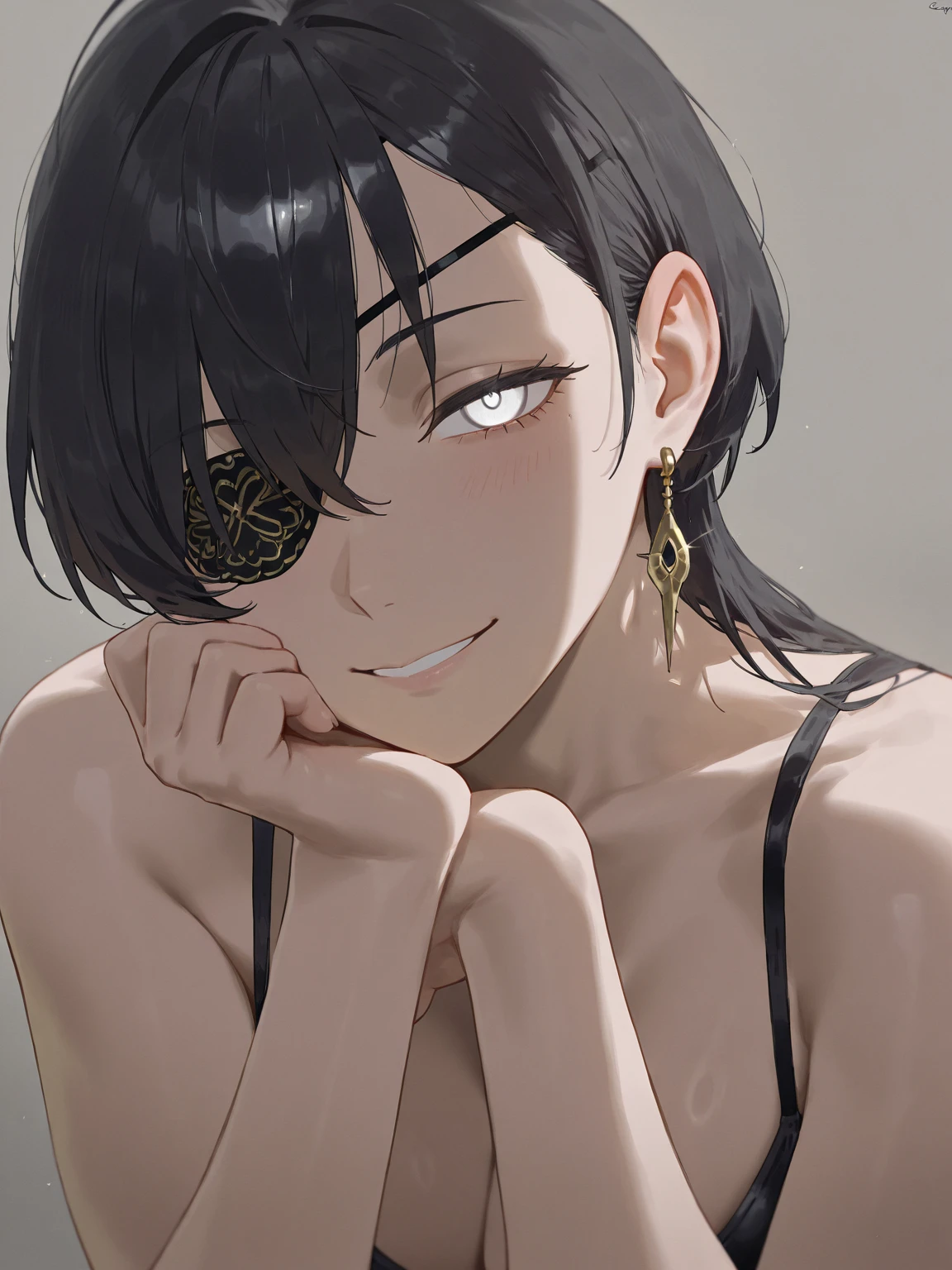 solo, best quality, masterpiece, extremely detailed CG, extremely detailed 8K wallpaper, extremely detailed character, (an extremely delicate and beautiful portrait), portrait, solo, sharp focus, dark skinned tomboy girl with (((sides shaved))) head, black hair, yellow eyes, detailed close-up portrait, head rest pose,bikini,