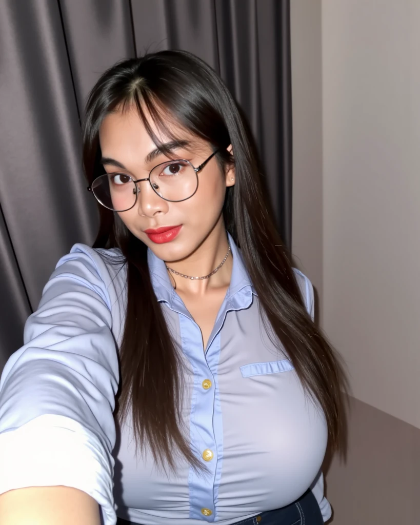 beautiful detailed, busty, cute face, short, mexican teen, medium black hair, black hair over one eye, glasses, long-sleeved tucked in v neck T-shirt, long pants, solo, voluptuous breasts, full body photo.