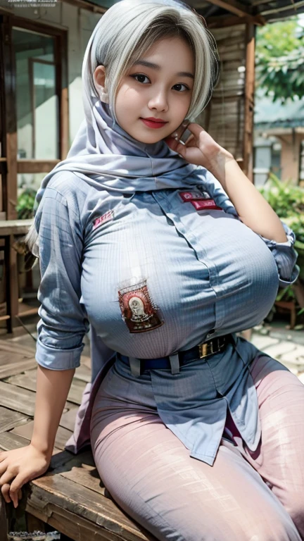 girl wearing hijab, 30 years old, wearing overalls and trousers, tight clothes, clear body curves, beautiful eyes, symmetrical eyes, eyes looking at the camera, big breasts, sagging breasts, clear nipples, nipples sticking out tense, plump, big buttocks, plump buttocks , sexy poses, naughty girls, seductive girls, sexy girls