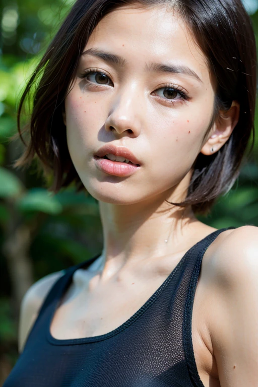 ((Highest quality, 8ก, Masterpiece: 1.3, RAW photos)), Sharp focus: 1.2, (1. Espa girl: 1.2), (realistic, photo-realistic:1.37), (Face focus: 1.1), Cute face, small breasts, Flat chest, short, unkempt hair, (white underwear: 1.1), from below, A beautiful young woman stands in an abandoned house