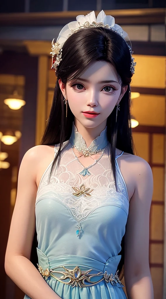 Gentle and charming Chinese beautiful woman, half-length photo, delicate and sexy collarbone, charming oval face, double eyelids, vivid peach blossom eyes, pink lips, small nose, bare shoulders, focused face, face close-up, ultra-high-definition, Super detailed and standing gracefully, this sky blue crystal embellished pleated chiffon lace mini dress is cut from billowy chiffon with delicate lace trims at the sleeves and neckline.