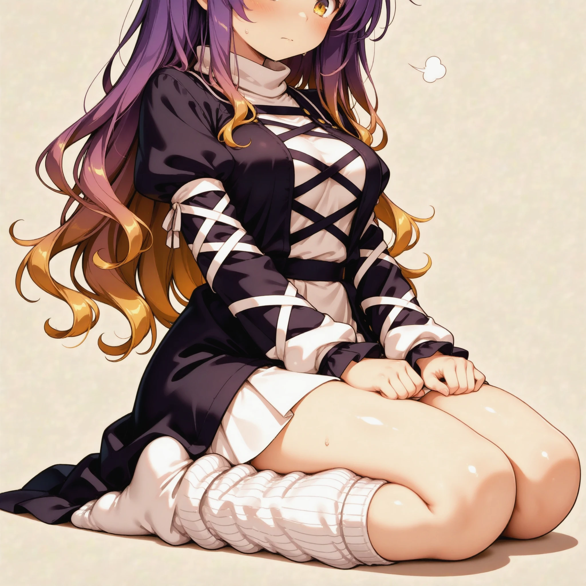 1girl, (hijiri byakuren (touhou):1), yellow eyes, long hair, gradient hair, multicolored hair, two-tone hair, purple hair, brown hair, wavy hair, (white long dress:1.1), layered dress, cross-laced clothes, turtleneck dress, juliet sleeves, puffy short sleeves,(loose socks:2),(no toes,no soles,no barefoot:0),(sitting on seiza:2),(leg focus:1),(anguish,blush:1.1),(black socks:0),(ribbed socks:1),(looking down:1.2),no shoes,(simple_background:2),(worst quality, bad quality, low quality,:0),(no cape:4)