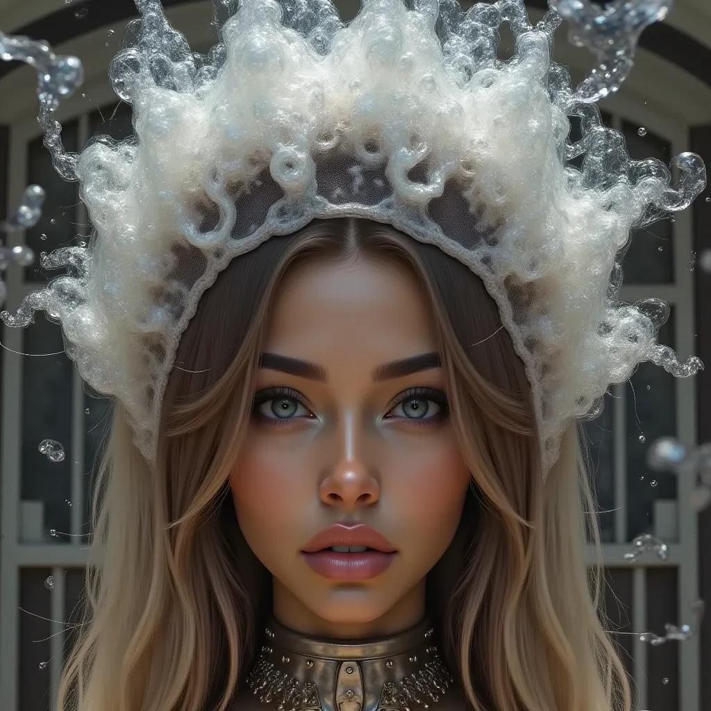 Woman naked in Vitreous transparent gel coat, Highly Detailed Face and Skin Texture, ((white skin)) big green eyes, slim face, juicy lips, bimbo lips, ((big bimbo puffy breast)), Small nipples, piercing in nipples, ((very curly Black hair)), twin long braids, pale skin, Detailed Eyes, Double Eyelids, cyberpunk gold metal jewelry BDSM, gold metal cyberpunk tapes on body, metal Collar, gold body jewelry, naked, jewelry between her legs, ((wide hips)), wet skin, she is naked, She od wet, transparent substance liquid on her body,Masterpiece,(((Vitreous transparent gel coat))) ((liquid gel coat)),In the jungle ,(pantyless),Photorealistic, high resolution, Detailed, Sharp focus, topless, large breasts, ((naked pussy)), Perfect nipples White skin, she is in Wilde dark jungle with big trees. masterpiece