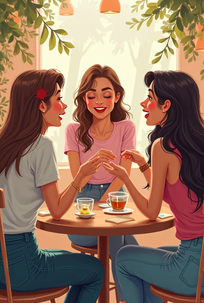 Create a lineart illustration Scene: Illustrate a more complete dinner scene, with the three friends at the table, laughing and enjoying each other's company. The food on the table may be simple, but the expression of happiness on the characters' faces should be the focus, showing the importance of friendship and a moment of relaxation.