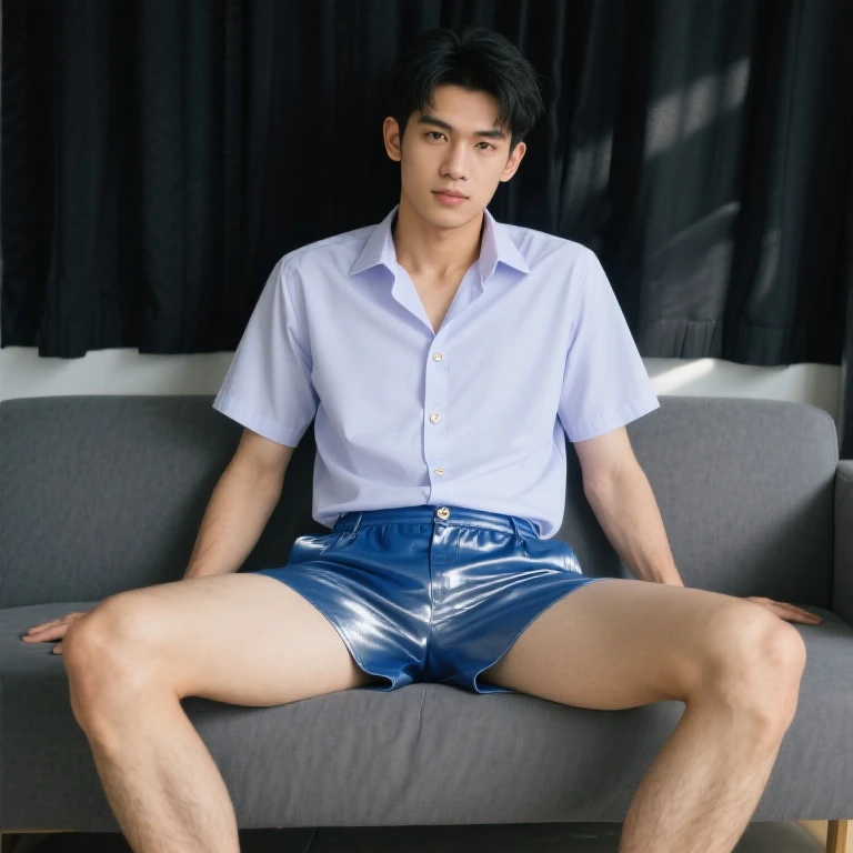 , bursting big black balloon between legs, wearing small speedos, shirtless, abs, thin body, hugging big black balloons, popping big black balloons, handsome, youthful, boyish, cute, black military sunglasses, photography, realistic, indoor soft lighting