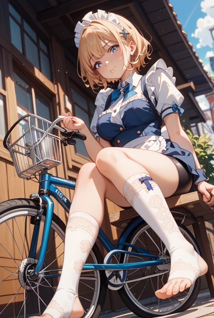 blonde hair, short hair, hairband, Purple eyes, 16years old, , empty eyes , large breasts, 独奏, nipple, ride a bicycle, , Heavy snowfall area　凍結 wet crying 山 独奏