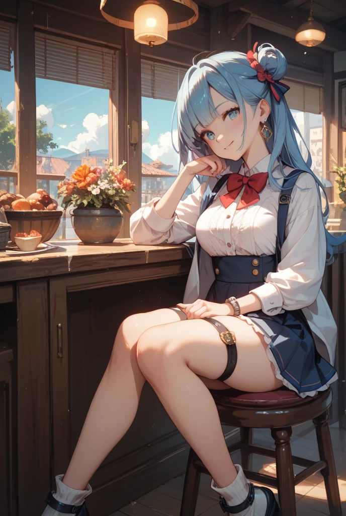 1 girl in、anime styled、full bodyesbian、(blue hairs)、shorth hair、a smile、red tide、blue eyess、blazers、、(Plain white shirt)、(red bowtie)、(Red checked skirt)、（Black stockings）、Absolute area、hightquality、best qualtiy、emphasizing thighs、school classrooms
