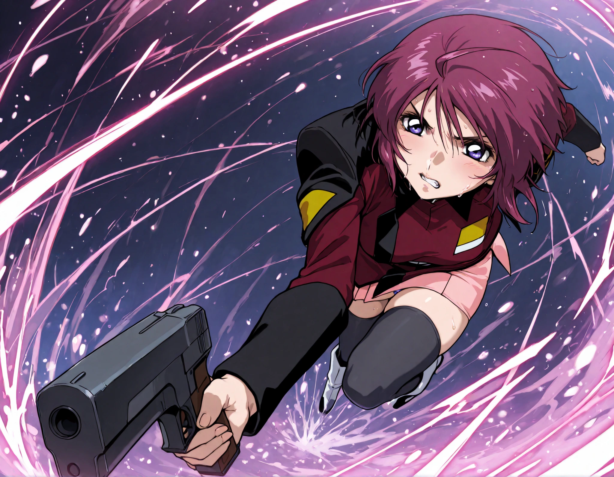 score_9, score_8_up, score_7_up,BREAK,masterpiece, best quality, absurdres,A very detailed and Hi-Res image、lightning crackling around 、safe 1girl,(solo),18 years old, (beautiful and detailed face),1girl,destiny jacket,LunamariaHawke,((destiny jacket)),((red military_jacket)),white shirt under the military_jacket,open military_jacket,((wet white shirt)), (((pink_skirt))),indigo frill trimmed bra under the wet white shirt slightly visible,indigo panties under the skirt, (((black_thighhighs))), boots,white footwear,((lunamaria)),1girl,solo,blue eyes,red hair,short hair,ahoge,,DQ6barbara,,eyebrows,NSFW,; quality\(8k, Hi-Res, top- quality, top- quality real texture skin, super realistic, increase resolution,RAW Photo, very detailed, wallpaper, golden ratio,vibrant{{breathing}},full body,(Watery eyes),(closing eyes),{Wet body},,(Close-up of a girl:0.7),(((add energy to the scene. Motion Effect))), (Like a subtle blur),bokeh,full body,(nape of neck),,((Pained expression)),(((Sweat:1.4))),(grimace),blush,(score_9_up, score_8_up, score_7_up, best quality, a woman skydiving, paradropping , weapon, handgun,fire shot ,movement, motion blur, dynamic angle, source_anime, full body, BREAK depth of field, foreshortening, dynamic pose, super wide angle shot, extreme perspective, , anime wallpaper,panty shot,light particles, cinematic lighting,Visual impact,dynamic pose,ultra-realism, anime style, dreamy psychedelic anime, looking at viewer, holding , Elegant outfit, perfect figure, beautiful , The background is a dark forest clearing illuminated by faint blue light, with falling cherry blossom petals swirling around, adding a sense of elegance and tension,