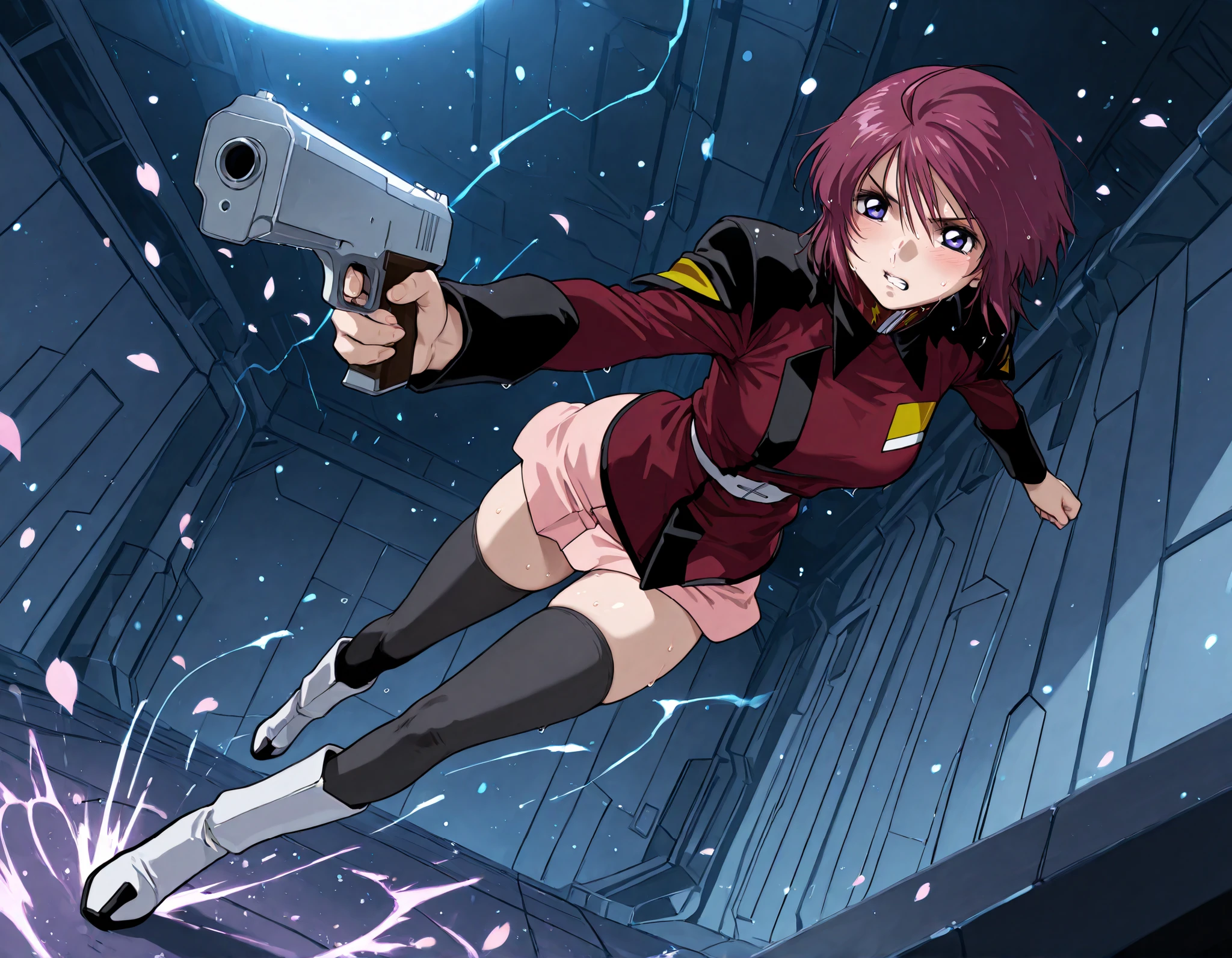 score_9, score_8_up, score_7_up,BREAK,masterpiece, best quality, absurdres,A very detailed and Hi-Res image、lightning crackling around 、safe 1girl,(solo),18 years old, (beautiful and detailed face),1girl,destiny jacket,LunamariaHawke,((destiny jacket)),((red military_jacket)),white shirt under the military_jacket,open military_jacket,((wet white shirt)), (((pink_skirt))),indigo frill trimmed bra under the wet white shirt slightly visible,indigo panties under the skirt, (((black_thighhighs))), boots,white footwear,((lunamaria)),1girl,solo,blue eyes,red hair,short hair,ahoge,,DQ6barbara,,eyebrows,NSFW,; quality\(8k, Hi-Res, top- quality, top- quality real texture skin, super realistic, increase resolution,RAW Photo, very detailed, wallpaper, golden ratio,vibrant{{breathing}},full body,(Watery eyes),(closing eyes),{Wet body},,(Close-up of a girl:0.7),(((add energy to the scene. Motion Effect))), (Like a subtle blur),bokeh,full body,(nape of neck),,((Pained expression)),(((Sweat:1.4))),(grimace),blush,(score_9_up, score_8_up, score_7_up, best quality, a woman skydiving, paradropping , weapon, handgun,fire shot ,movement, motion blur, dynamic angle, source_anime, full body, BREAK depth of field, foreshortening, dynamic pose, super wide angle shot, extreme perspective, , anime wallpaper,panty shot,light particles, cinematic lighting,Visual impact,dynamic pose,ultra-realism, anime style, dreamy psychedelic anime, looking at viewer, holding , Elegant outfit, perfect figure, beautiful breasts, The background is a dark forest clearing illuminated by faint blue light, with falling cherry blossom petals swirling around, adding a sense of elegance and tension,