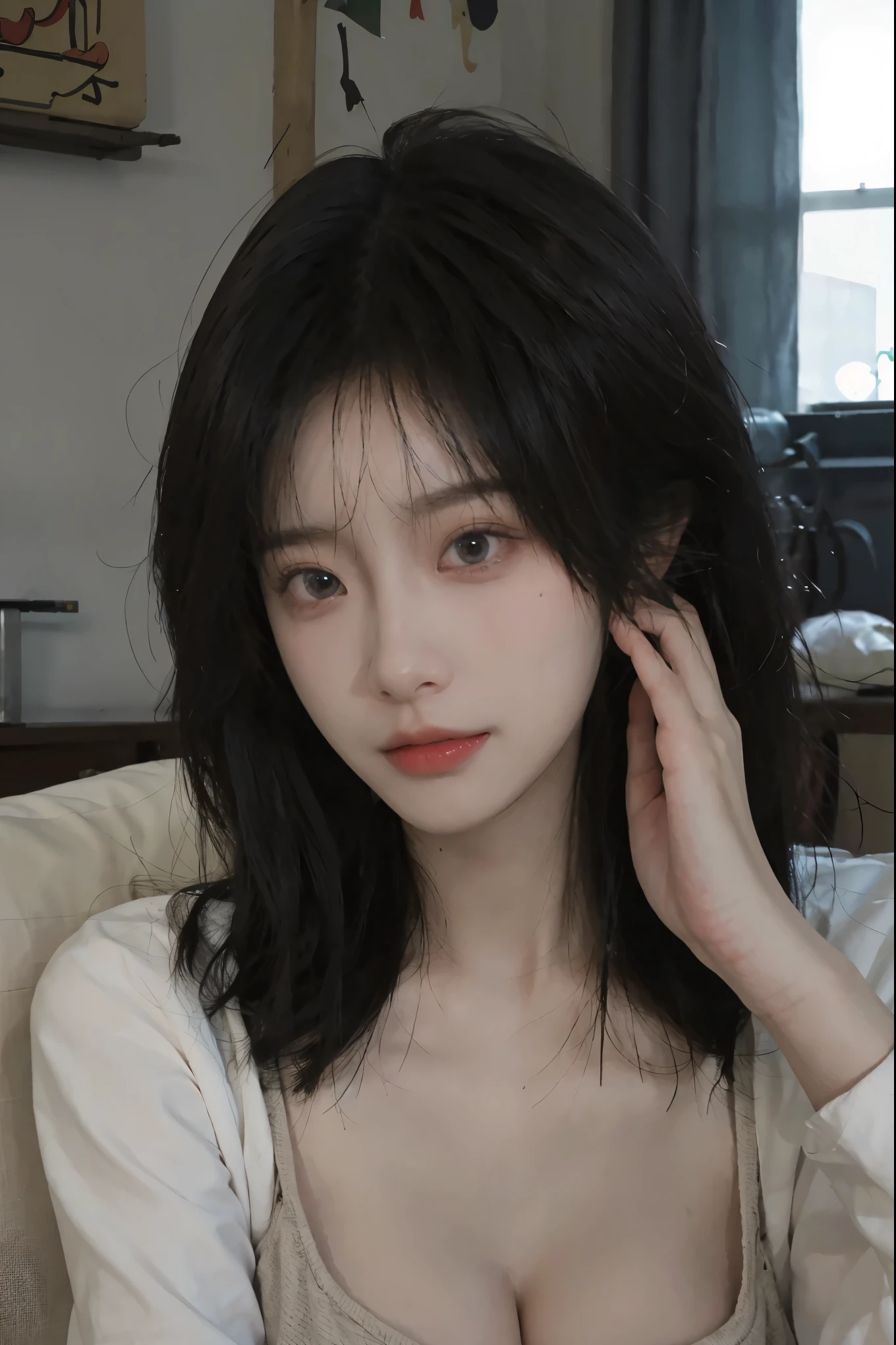 best quality, ultra high resolution, (realistically:1.4),cute hairpin,Baoyu Girl,Standing in the wedding hall,(flat chest:1.2) ,A pair of clear and charming peach blossom eyes,Royal sister,The sun shines on the face,Big wavy hairstyle,(necklace:1.2),(White skin:1.4),a sense of atmosphere,a beautiful girl,looking directly at the viewer, Close-up cleavage ,(lifelike:1.4),1 girl,Sexy,(Upper body:1.4),(wet),(:1.2)