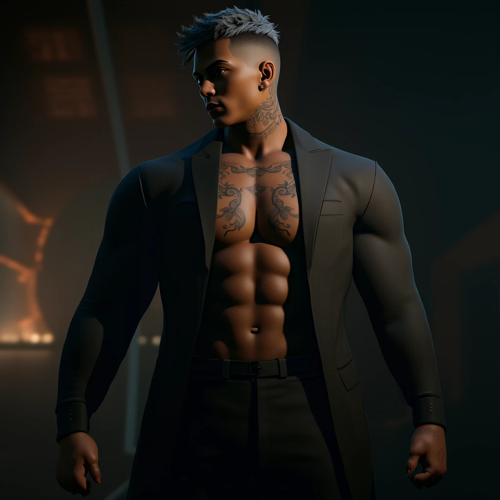 (a supernatural black Brazilian entity:1.1, half man:1.1, half ant, techno-organic saber:1.1), (medium:1.2, digital art), detailed human anatomy, ant-like exoskeleton, glowing eyes, intricate tribal design, background jungle, vibrant colors, dramatic lighting