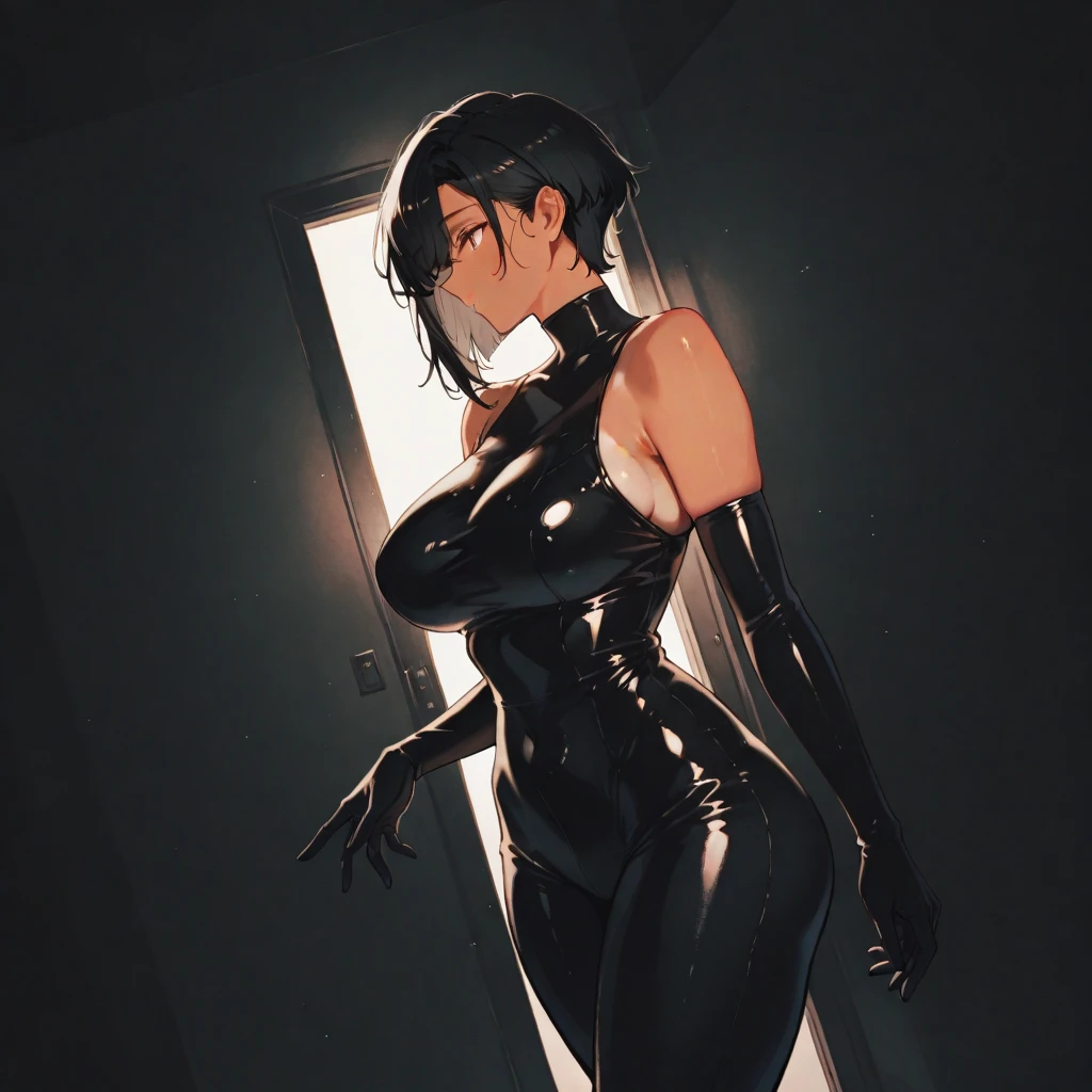 naked girl with black short straight hair and white hair. has a tight collar which she stands in a door frame as if she is waiting for someone. she has a sexually playful and sex-thirsty facial expression and saliva is running out of her mouth.