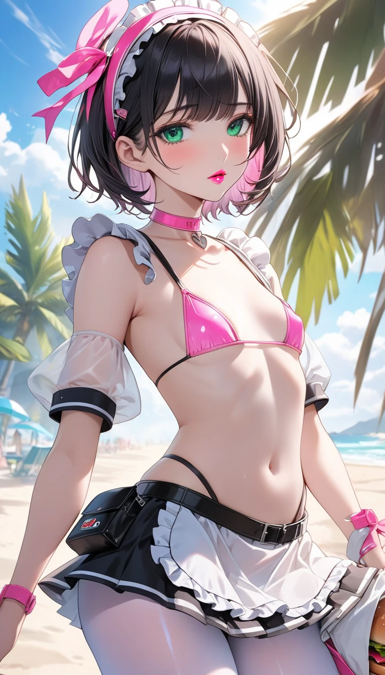 (masterpiece, best quality), 1girl, <lora:sarashina_ruka:1> ccruka,black hairband,polka dot ribbon,short hair,bangs,swimsuit,bikini,white bikini,frills,polka dot,polka dot bikini