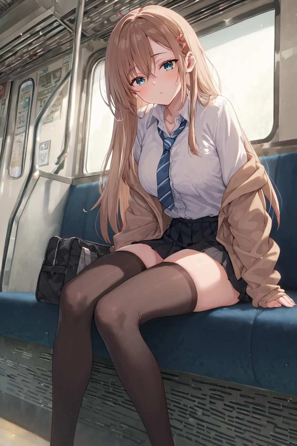 NSFW, photorealistic, top-quality, masterpiece, 1 Korean women , female only, ABSOLUTELY NO MALE, absolutely no men, VERY crowded female only subway train interior detailed scenario, VERY crowded Korean female only subway train interior detailed background, sitting fetal position down on subway chair insanely hot (woman 1), (blonde hair) using sexy ((school uniform)), (((lifted skirt)), (thick thighs), (slightly neutral expression) (black tights pantyhose), (showing feet), slightly blushed face,