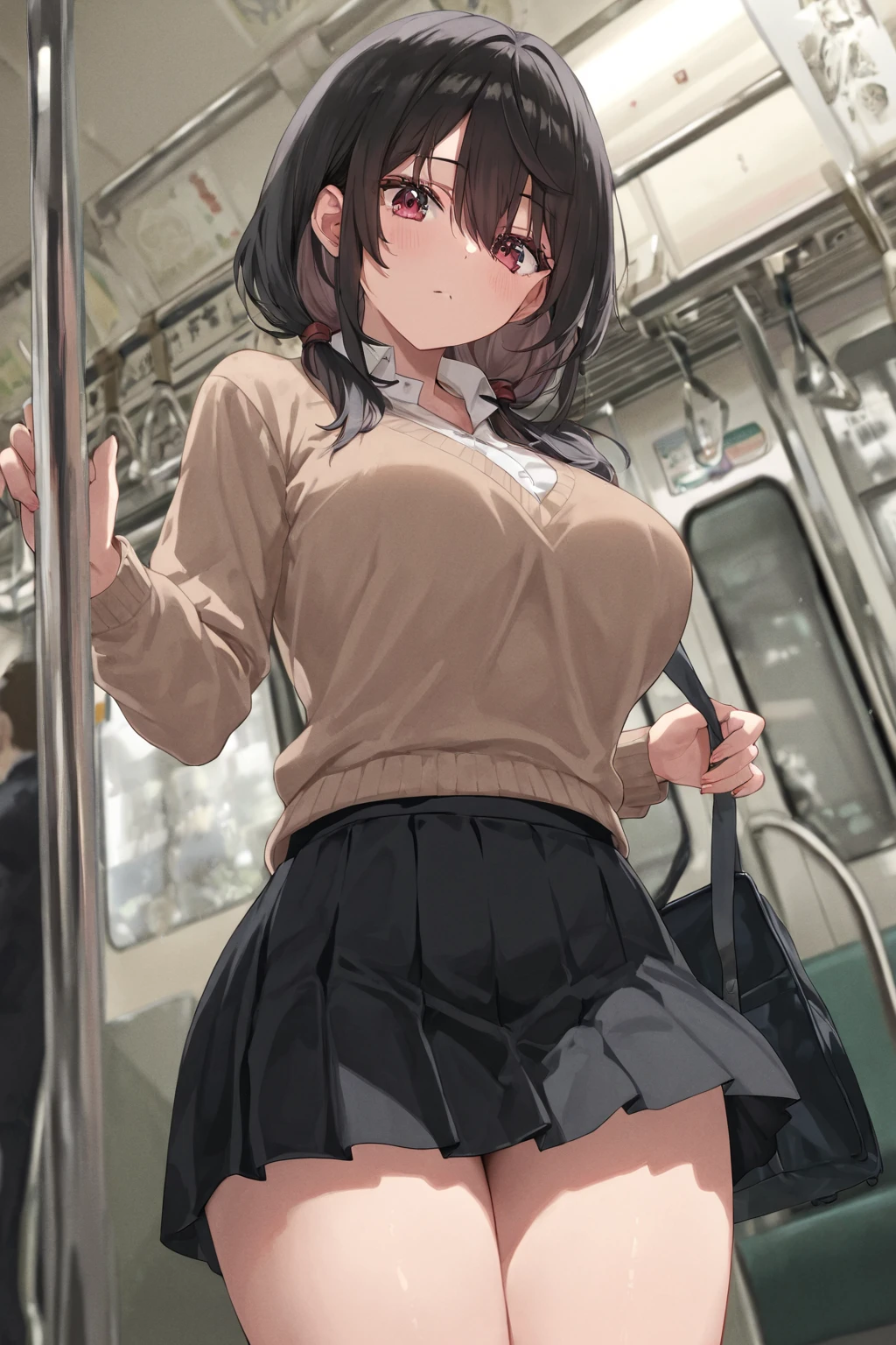 NSFW、Ultra-realistic 8K CG, masterpiece, ((Highly detailed background, Delicate pattern, Exquisite detail)), Highest quality, masterpiece, Highest quality、15 years old、delicate、thin、、Twin tails、Pink and black hair、Pink Shirt、Black Skirt、Black knee socks、smile、fine、((Sweat))、(((Sweat染み)))、(((Body odor、Yellowing))、M-shaped legs、(((Love juice)))、(((Sweatっかき、Sweatの匂い)))、Nipples、(pussy)、Pubic hair、(((Smell)))、((crowded train、summer、hot))