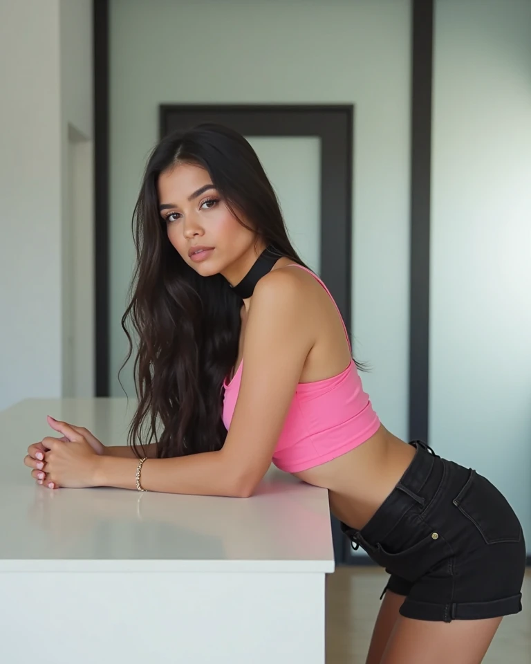 28 years old Italian model, black hairs, iper realism, ultra dettagli, skirt short pink, magliettina nera con spalle scoperte, tacchi a spillo, seduta nella sedia, corpo intero, at home, alone.