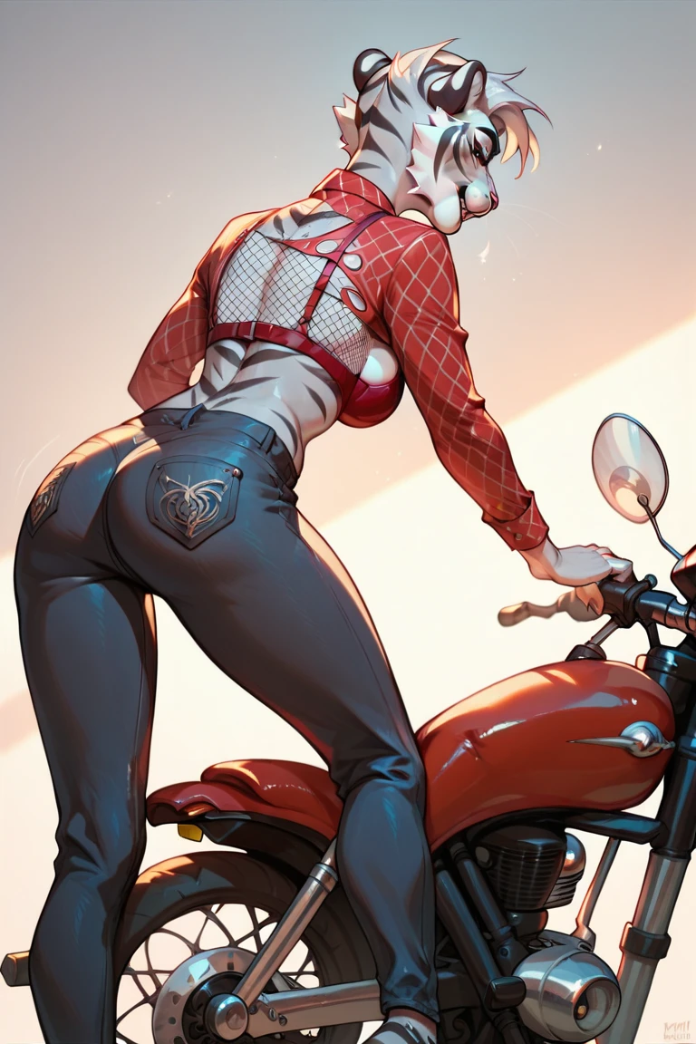 Candace, red tank top, skirtless, riding a motorcycle, white panties with red hearts, heart print panties, legs, white shoes, red socks, sunglasses, rear view, big butt,
