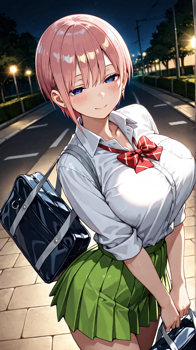 masterpiece, Highest quality, High resolution,(throw_hand grabbing chest),,One girl, One boy,Age difference,bow tie,Blonde,chest,Long Hair,Pink Hair,pleated skirt,Tucked in shirt,short hair,skirt,smile,Tent shirt,amusement_garden,breasts grab,腕をつかむ女の子