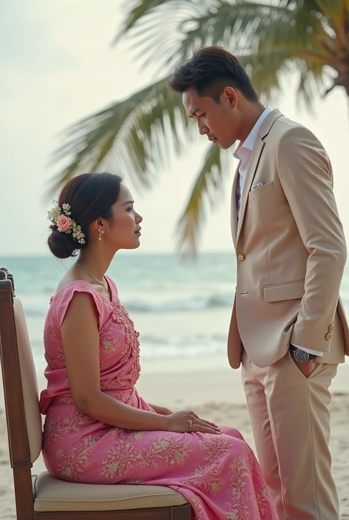 a 25 year old man, wearing traditional Indonesian pre-wedding clothes, a woman wearing traditional Indonesian pre-wedding clothes, beach background