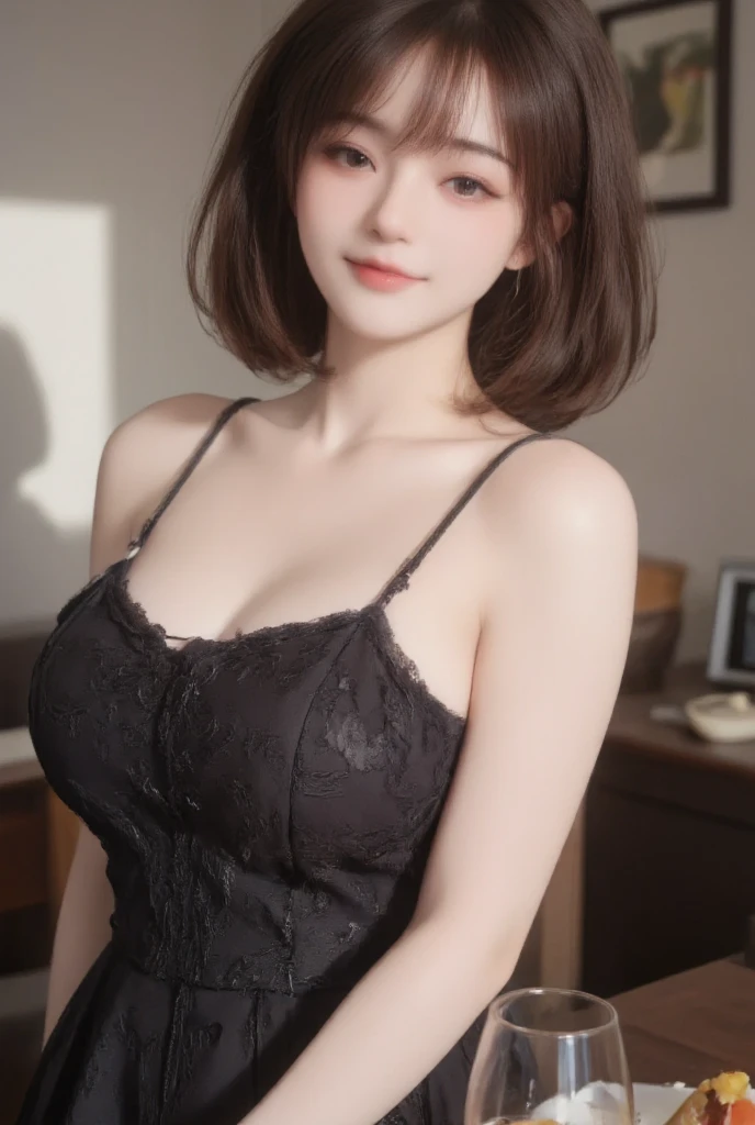 ((((masterpiece, best quality, high resolution)))), Extremely detailed 8K, Beautiful girl with voluptuous body, (Ultra HD, Ultra-detailed, Highly detailed, Highly realistic, Ultra-realistic, photograph realistic), (1girl:1.5), (Realistic black hair), (long silky hair, hair ornaments, earrings), (dynamic poses), facing at camera, looking at viewer, (blushing red, embarrassed, exhausted, smile), (violet eyes, sharp eyes), (big perky breasts:1.2), (wide hips:1.2), (beautiful detailed face, beautiful detailed eyes), ((black choker, black silk mini slip dress)), (detail pussy), (sitting on stool:1.3), sweat, glow, (nightlight), ((cowboy shot)), jazz bar, seductive