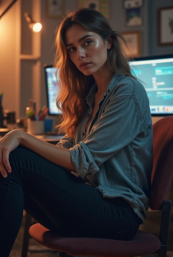 there is a woman sitting at a desk with a computer, a picture inspired by Esaias Boursse, pexels, figuration libre, sitting at a computer desk, sitting in front of computer, sitting at a computer, home office, working in an office, sitting on a desk, red head, red hair wavy, long hair red, back camera,