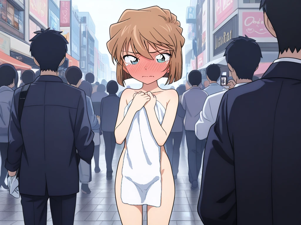 Sexy 25-year-old woman,standing outside,very crowded area,crowd in foreground,crowd taking pictures,no bra,topless,no panties,nude,knee-high socks,shoes,full body,short blonde hair,shy,embarrassed,posing,arms behind head,nighttime, city, street, flawless, masterpiece