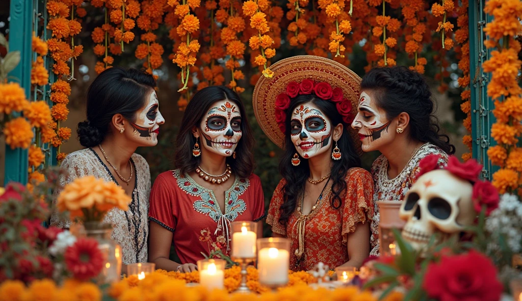 Photoshoot of 3 beautiful women with the concept of Dios de los Muertos sitting and holding red drinks and a room full of colorful flowers and a sign with the name Ridwangrapher