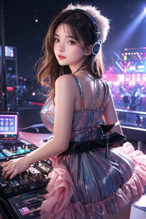 (If you are a DJ:1.3), Illustration, cinematic light, high resolution, best quality, ultra detailed, detailed face, (detailed eyes), highest quality, ultra detailed, masterpiece, (detailed face), pretty face, best smile, sexy mature woman transparent (ultra-detailed embroidery and ribbons, idol outfit), ruffled miniskirt, cloth, choker, open cloth, high heels, blue eyes, neon small shiny hair edges, AI fantasy concert, glowing lighting with neon details, (live stage: 1.2), (to a packed audience in the background), light reflection, heart-shaped iris, playful eyes, open shoulders, small glowing butterfly, hair jewelry,